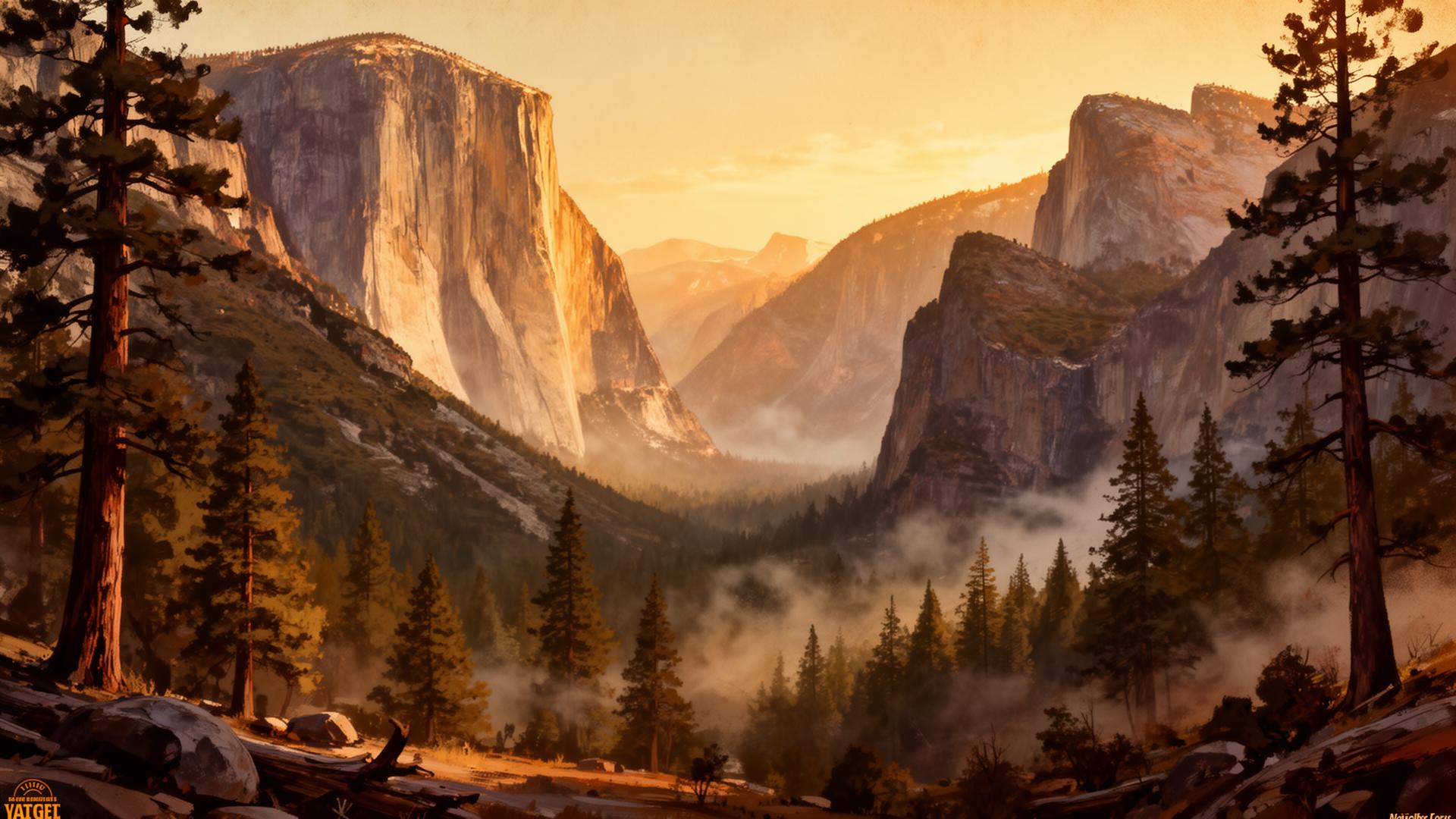 Sunlit granite valley with pine forest